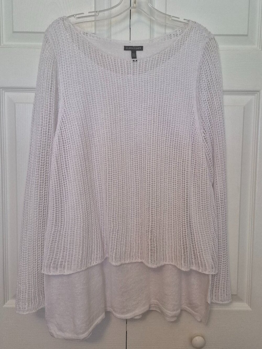 White Organic Linen Crochet Overlay Knit Top sz L Summer Comfort